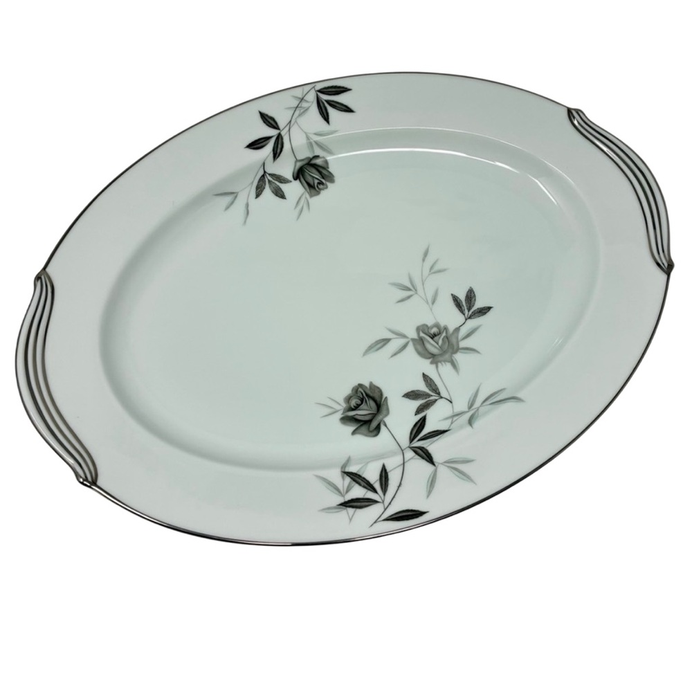 Noritake Fine China Rosamor 16” Serving Platter With Handles Black & Gray Roses